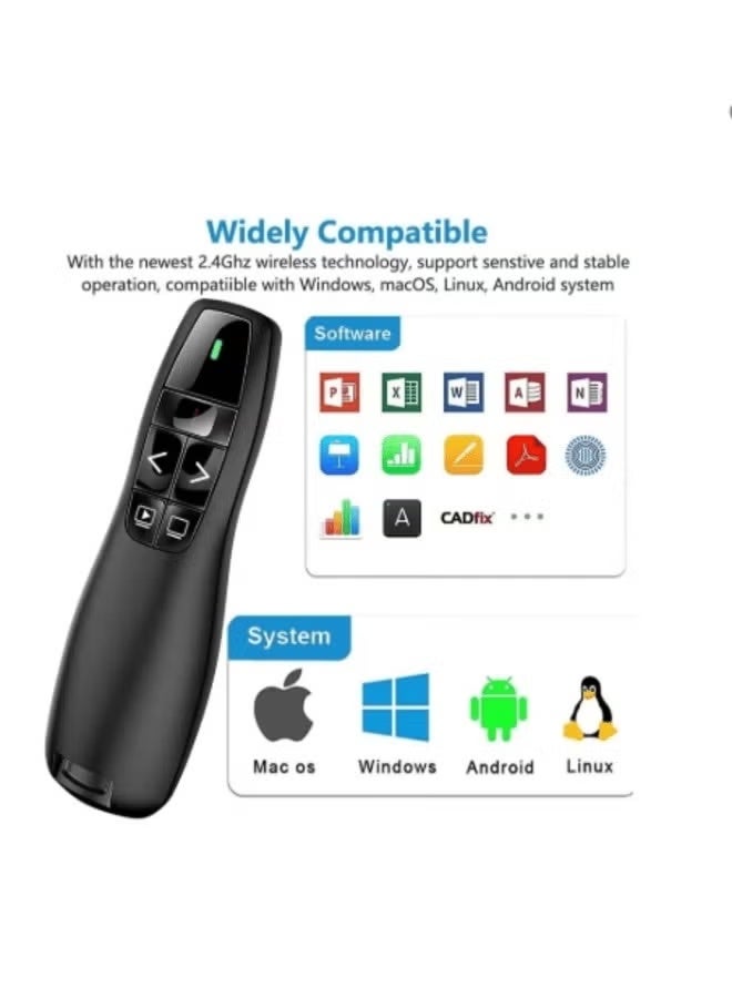 جهاز تحكم عن بعد للعرض التقديمي R400، لاسلكي بتردد 2.4 جيجاهرتز، يعمل بمنفذ USB، قلم ليزر أحمر اللون، مؤشر لعرض PowerPoint التقديمي، جهاز نقر لعرض الشرائح التقديمي - Image 3